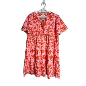 Umgee Women's babydoll Mini Dress Pink Orange Floral XL tie neck Flutter sleeve